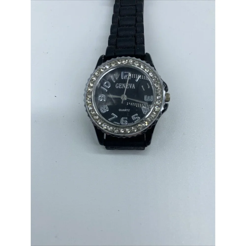 Geneva Wristwatch Women’s Rhinestones Encircled Face Black Silicone Band Classic